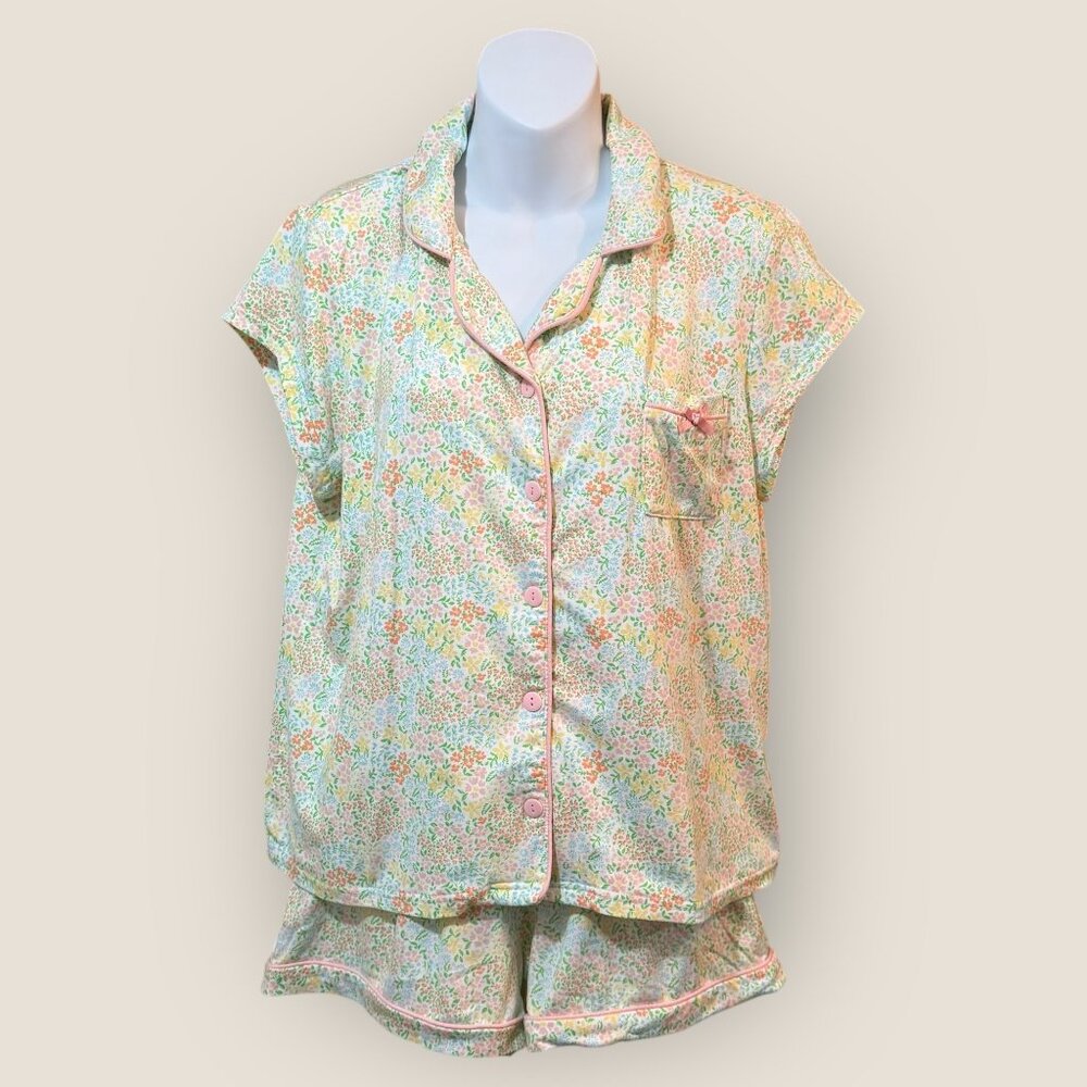 Luna & Dawn Floral Pajama Set Short Sleeve Button Up Top Shorts Size L